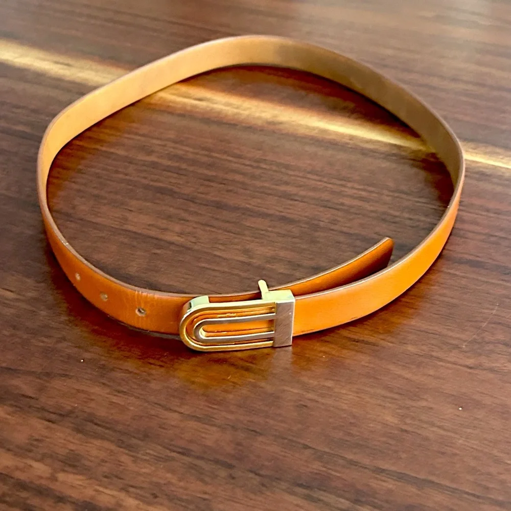 L’Aiglon Vintage Tan Leather Belt with Gold & Silver Buckle Size 30 - Picture 2 of 7